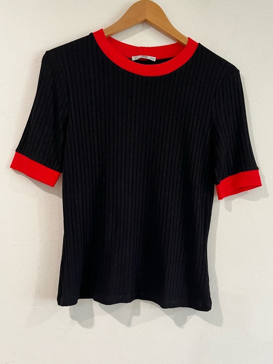Zara Tops - Zara Black Ribbed Short-Sleeve Top with Red Trim M
